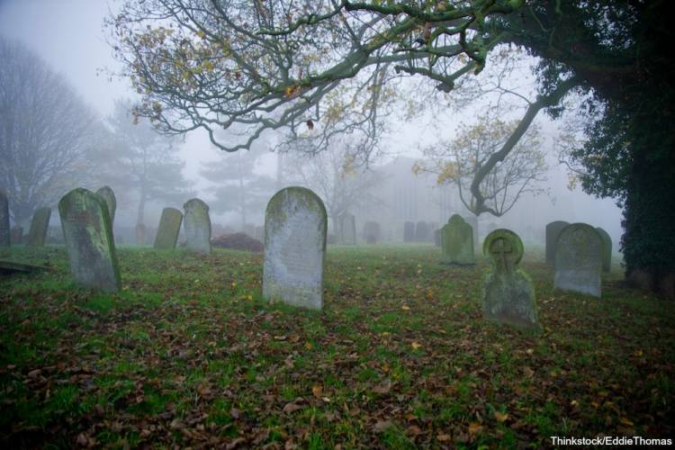 gravestones in a graveyard with fog around them